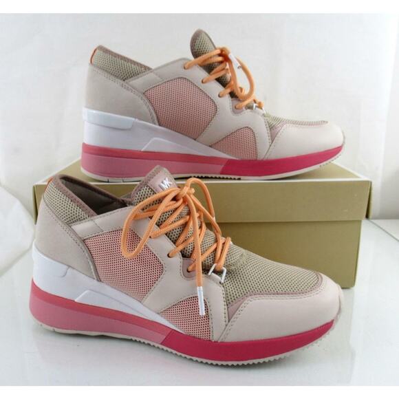 Michael Kors Liv Trainer Wedge Sneakers Lace Up Beige Light Sand / Pink - Picture 3 of 7